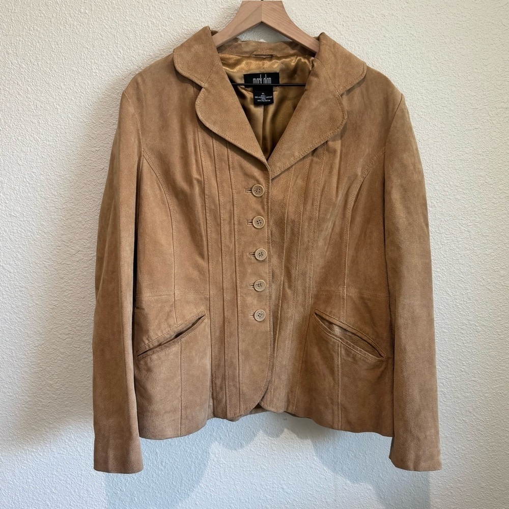 VTG 90s Alan Women's Tan Suede Leather Jacket Blazer Pockets Lined Academia